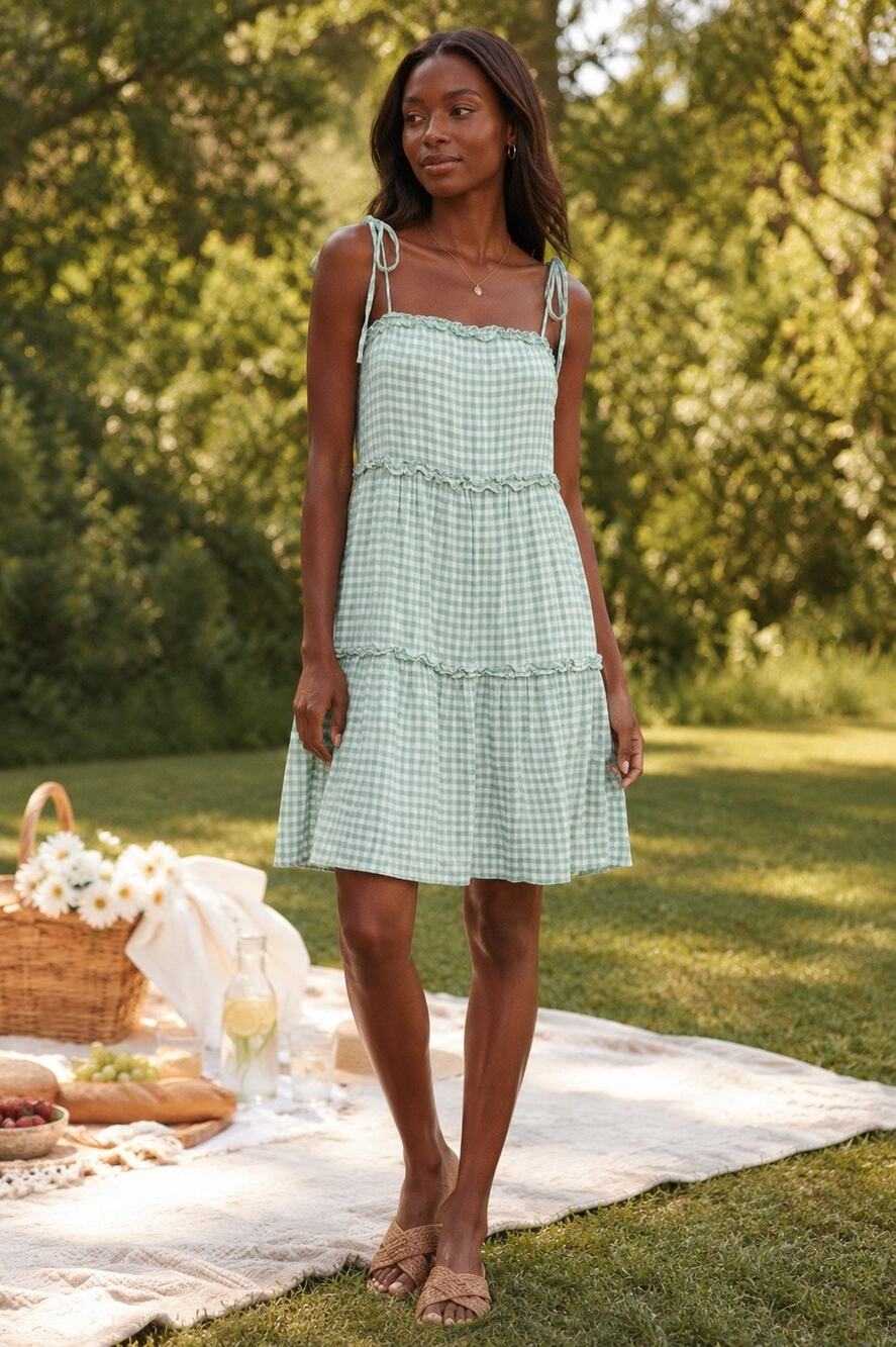 Rails Caralyn Linen Gingham Tie Strap Tiered Midi Dress Green Size Large NWT